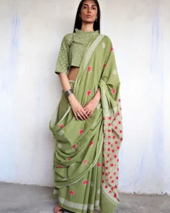 Aaina Handblockprinted Cotton Saree - Ajooni