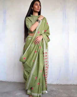 Aaina Handblockprinted Cotton Saree - Ajooni