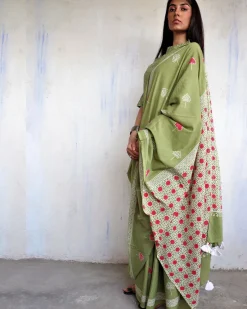 Aaina Handblockprinted Cotton Saree - Ajooni