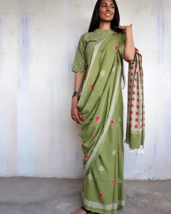 Aaina Handblockprinted Cotton Saree - Ajooni