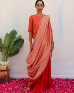 Abhati Red Handwoven Linen Zari Saree - Eknoor