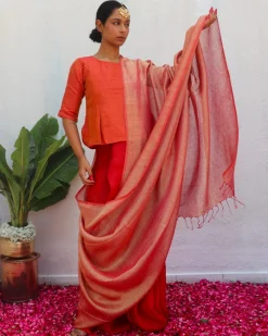 Abhati Red Handwoven Linen Zari Saree - Eknoor