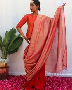 Abhati Red Handwoven Linen Zari Saree - Eknoor