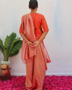 Abhati Red Handwoven Linen Zari Saree - Eknoor