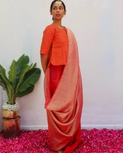Abhati Red Handwoven Linen Zari Saree - Eknoor