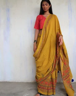 Ahana Handprinted Cotton Saree - Ajooni