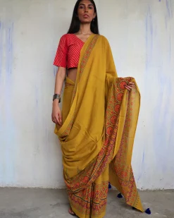 Ahana Handprinted Cotton Saree - Ajooni