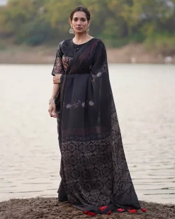Ahima Blockprinted Modal Silk Saree - Jaisal