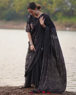 Ahima Blockprinted Modal Silk Saree - Jaisal