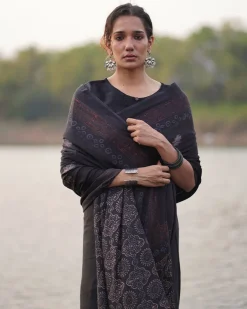 Ahima Blockprinted Modal Silk Saree - Jaisal