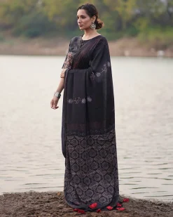 Ahima Blockprinted Modal Silk Saree - Jaisal