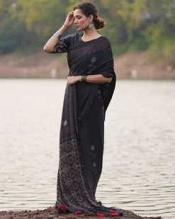 Ahima Blockprinted Modal Silk Saree - Jaisal
