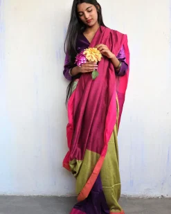 Ahona Handwoven Pure Cotton Viscose Saree  - Holi