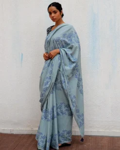 Almond Blossoms Handblock Printed Cotton Sarees