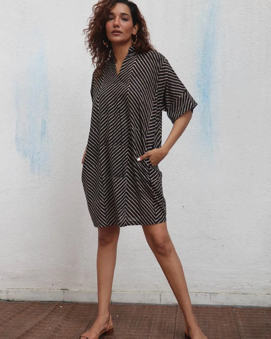 Almond Butter Handblock Printed Cotton Dress - Mono