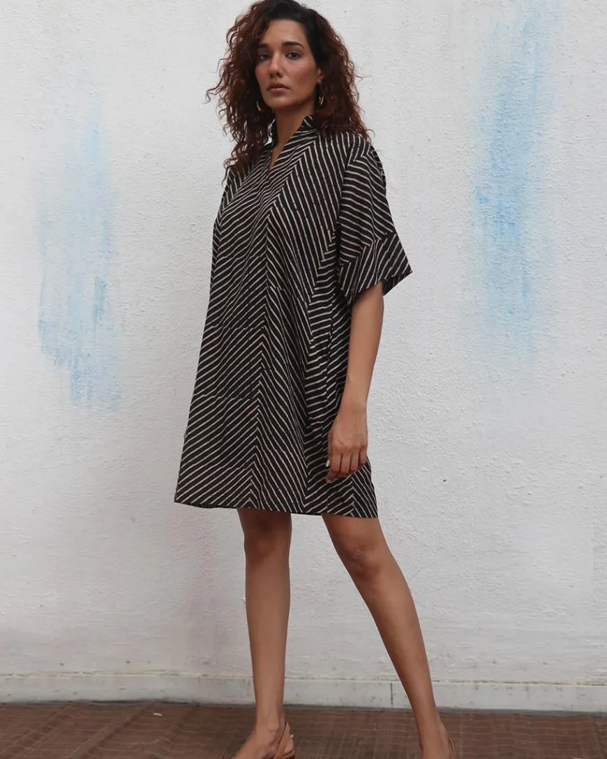Almond Butter Handblock Printed Cotton Dress - Mono