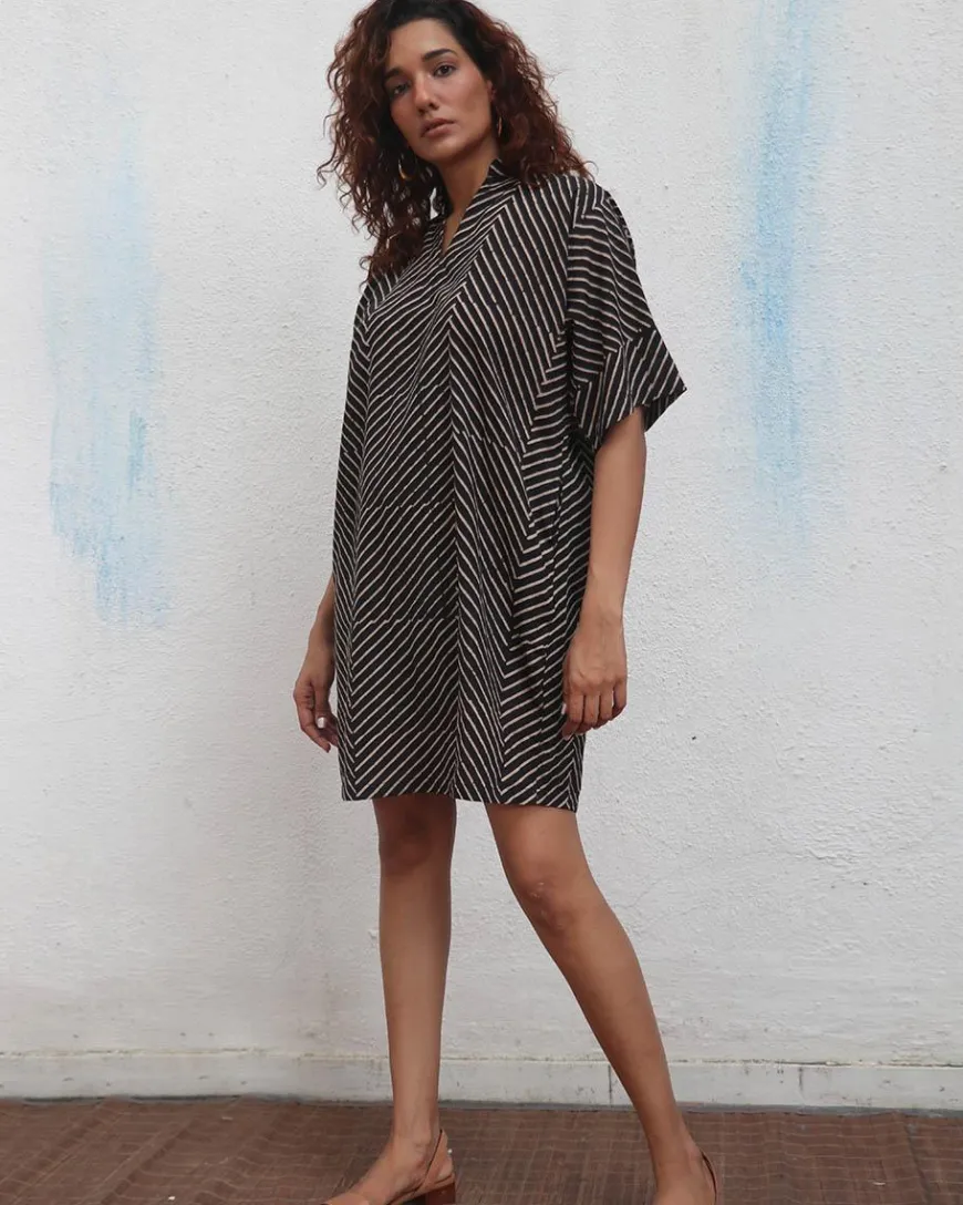 Almond Butter Handblock Printed Cotton Dress - Mono