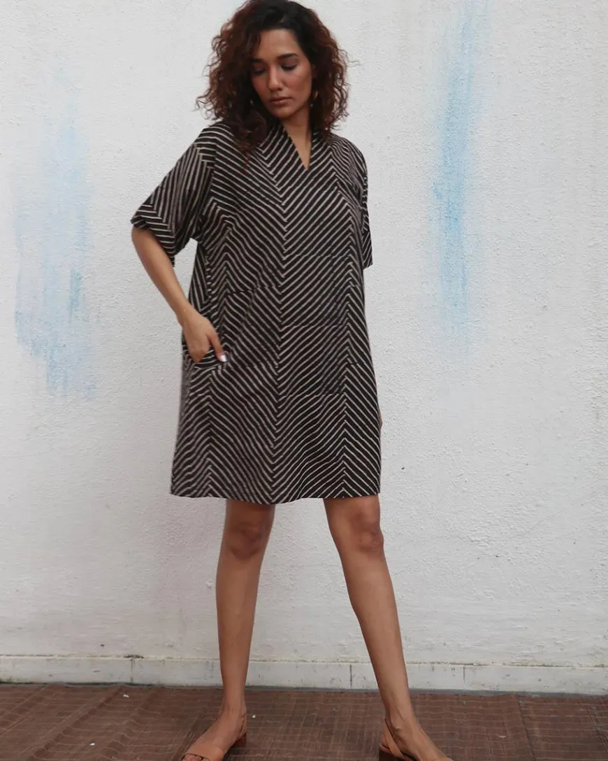 Almond Butter Handblock Printed Cotton Dress - Mono