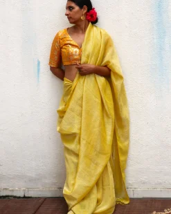 Amber Handwoven Linen Zari Saree - TOG