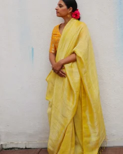 Amber Handwoven Linen Zari Saree - TOG