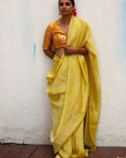 Amber Handwoven Linen Zari Saree - TOG