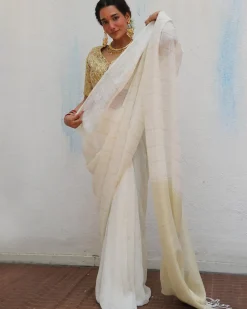 Ammini Handwoven Linen Zari Saree - Onam