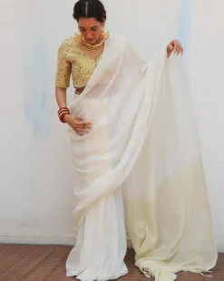 Ammini Handwoven Linen Zari Saree - Onam