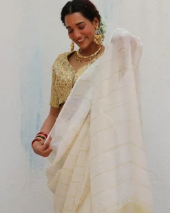 Ammini Handwoven Linen Zari Saree - Onam
