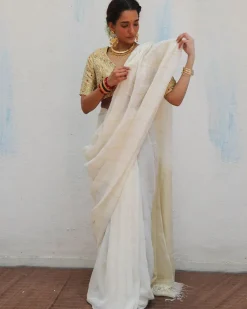 Ammini Handwoven Linen Zari Saree - Onam