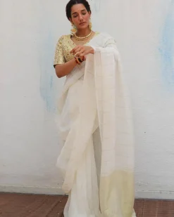 Ammini Handwoven Linen Zari Saree - Onam