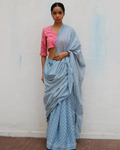 Amortentia Sky Blue Handblock Printed Cotton Saree