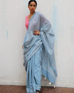 Amortentia Sky Blue Handblock Printed Cotton Saree