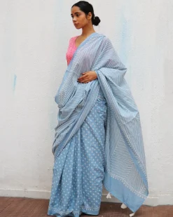 Amortentia Sky Blue Handblock Printed Cotton Saree