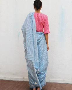 Amortentia Sky Blue Handblock Printed Cotton Saree