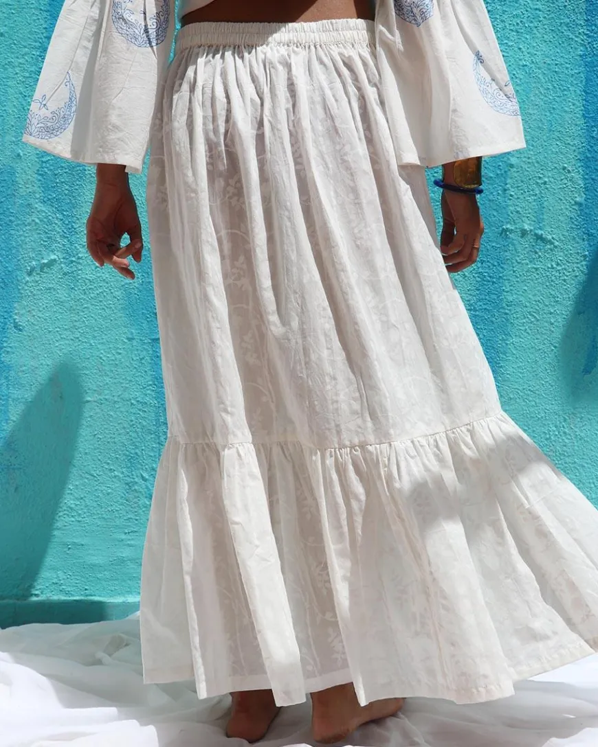 Anabeth Handprinted Cotton Skirt - Safed