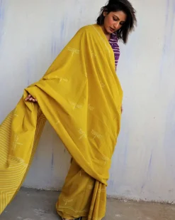 Aponi Hand Blockprinted Cotton Saree - Butterfly Girls