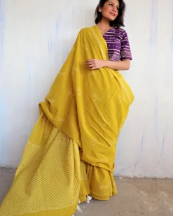 Aponi Hand Blockprinted Cotton Saree - Butterfly Girls