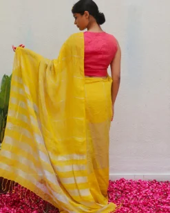 Arunima Yellow Handwoven Linen Zari Saree - Eknoor