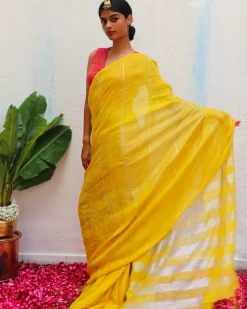 Arunima Yellow Handwoven Linen Zari Saree - Eknoor