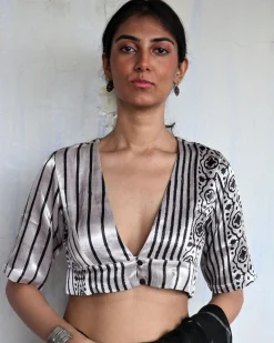 Asha Ivory Hand Blockprinted Mashru Silk Blouse-Yesterday