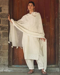 Ashen Lace Ivory Block Printed Dupatta - SFD