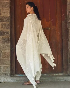 Ashen Lace Ivory Block Printed Dupatta - SFD