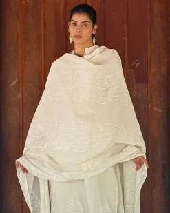 Ashen Lace Ivory Block Printed Dupatta - SFD