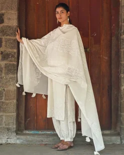 Ashen Lace Ivory Block Printed Dupatta - SFD