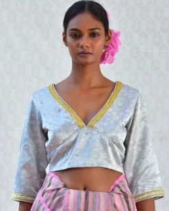 Baby Blue Handblockprinted Mashru Silk Blouse - Bgvl