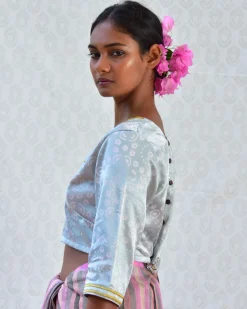 Baby Blue Handblockprinted Mashru Silk Blouse - Bgvl