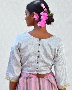 Baby Blue Handblockprinted Mashru Silk Blouse - Bgvl