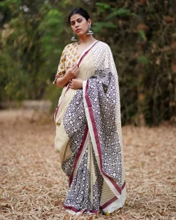 Badal Pe Paon Ivory Block Printed Cotton Saree - WW