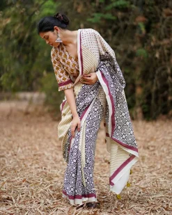 Badal Pe Paon Ivory Block Printed Cotton Saree - WW