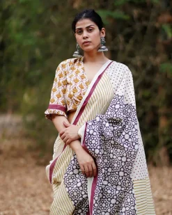 Badal Pe Paon Ivory Block Printed Cotton Saree - WW